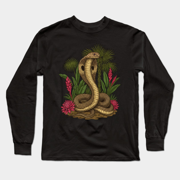 King Cobra Snake Among Tropical Red Ginger Long Sleeve T-Shirt by BirdsnStuff