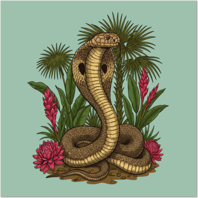 King Cobra Snake Among Tropical Red Ginger Wall Art by BirdsnStuff
