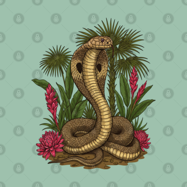 King Cobra Snake Among Tropical Red Ginger by BirdsnStuff