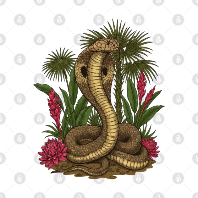 King Cobra Snake Among Tropical Red Ginger by BirdsnStuff