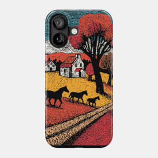 Vintage Woodcut Horse Farm Landscape Phone Case