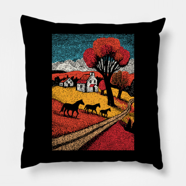 Vintage Woodcut Horse Farm Landscape Pillow by TuncGK