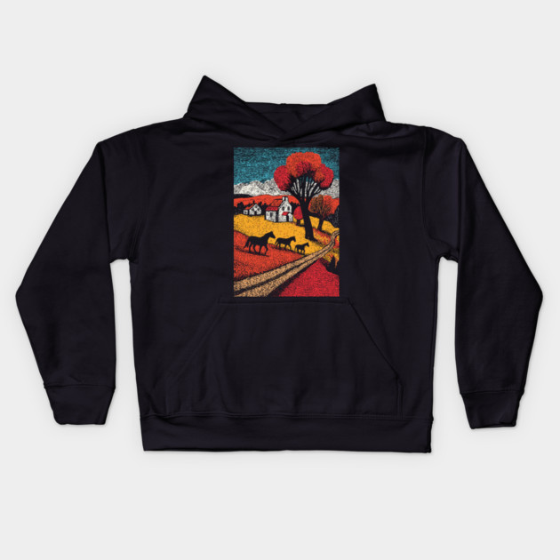 Vintage Woodcut Horse Farm Landscape Kids Hoodie by TuncGK