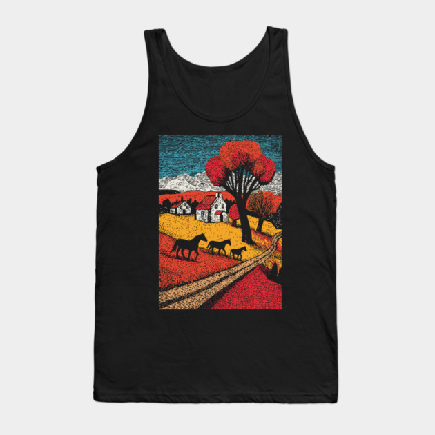 Vintage Woodcut Horse Farm Landscape Tank Top by TuncGK