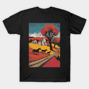 Vintage Woodcut Horse Farm Landscape T-Shirt