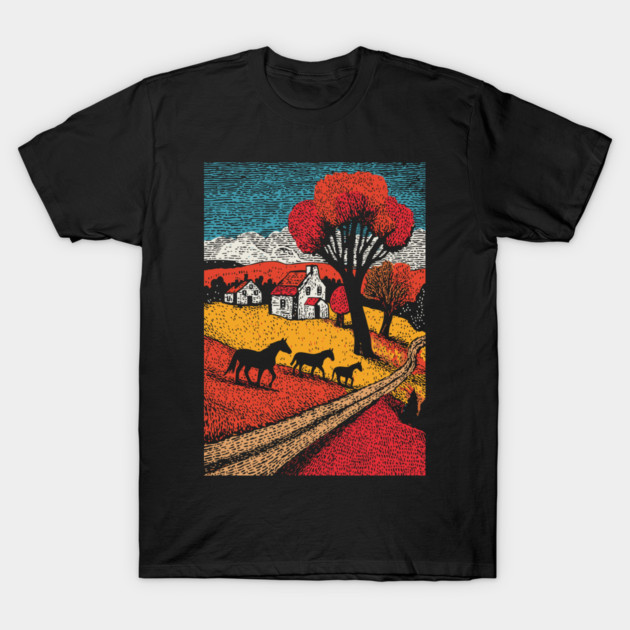Vintage Woodcut Horse Farm Landscape T-Shirt by TuncGK