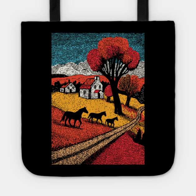 Vintage Woodcut Horse Farm Landscape Tote by TuncGK