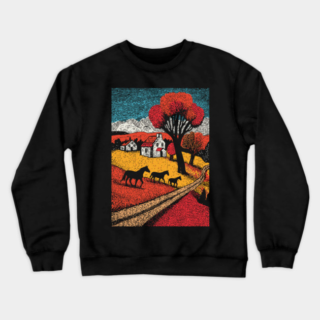 Vintage Woodcut Horse Farm Landscape Crewneck Sweatshirt by TuncGK