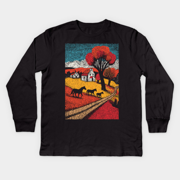 Vintage Woodcut Horse Farm Landscape Kids Long Sleeve T-Shirt by TuncGK