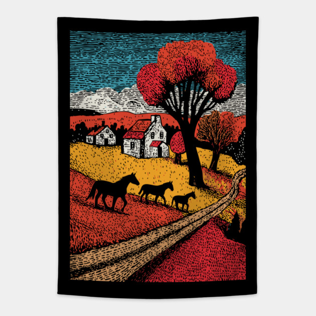 Vintage Woodcut Horse Farm Landscape Tapestry by TuncGK