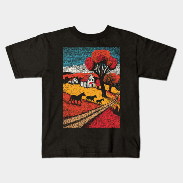 Vintage Woodcut Horse Farm Landscape Kids T-Shirt by TuncGK