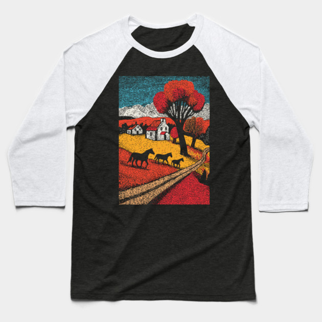 Vintage Woodcut Horse Farm Landscape Baseball T-Shirt by TuncGK