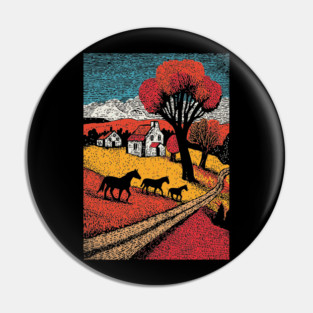 Vintage Woodcut Horse Farm Landscape Pin