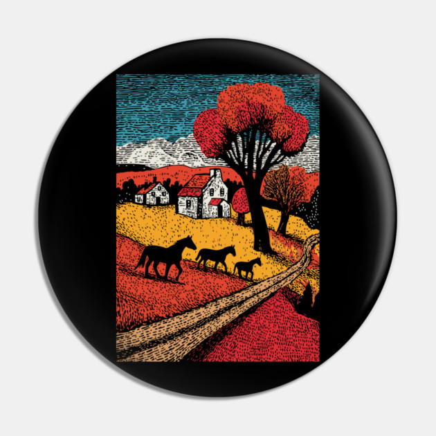 Vintage Woodcut Horse Farm Landscape Pin by TuncGK
