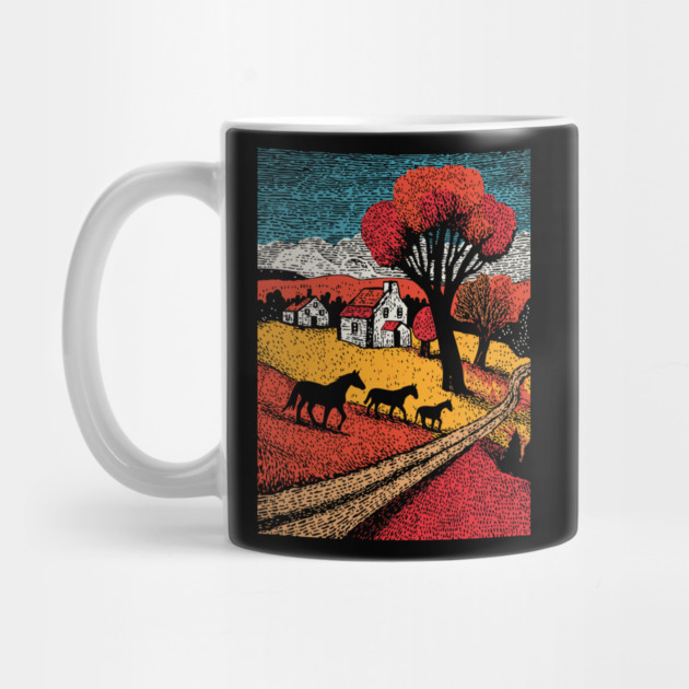 Vintage Woodcut Horse Farm Landscape by TuncGK