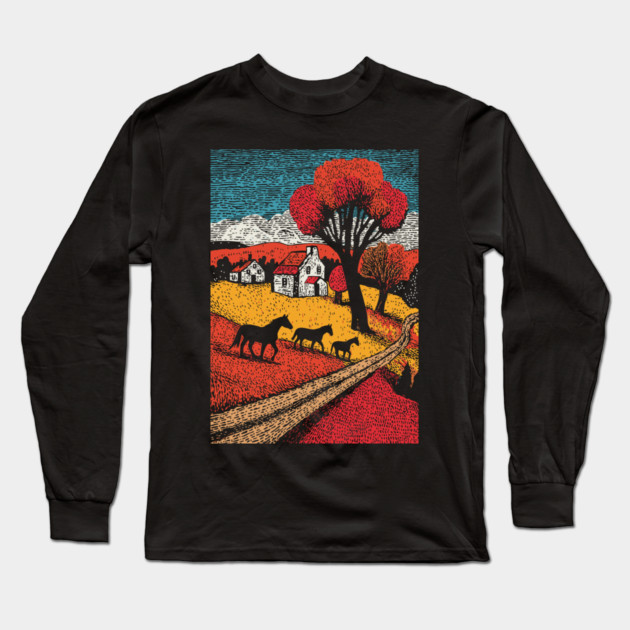 Vintage Woodcut Horse Farm Landscape Long Sleeve T-Shirt by TuncGK