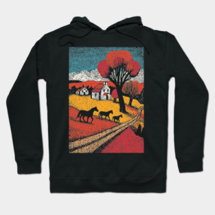 Vintage Woodcut Horse Farm Landscape Hoodie