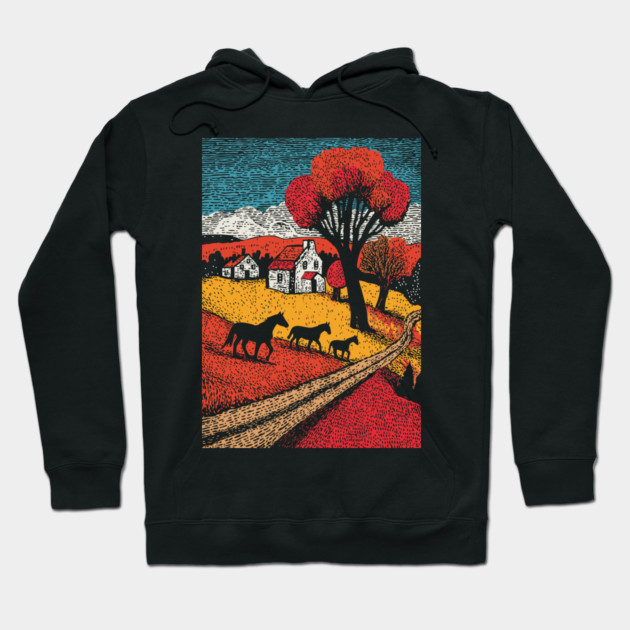 Vintage Woodcut Horse Farm Landscape Hoodie by TuncGK