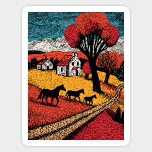 Vintage Woodcut Horse Farm Landscape Magnet