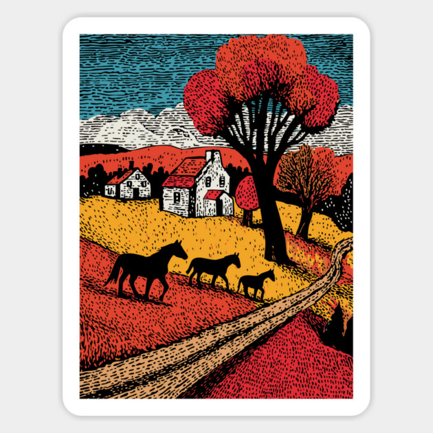 Vintage Woodcut Horse Farm Landscape Magnet by TuncGK