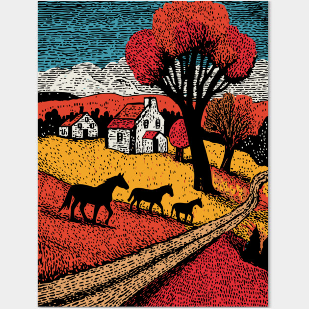 Vintage Woodcut Horse Farm Landscape Wall Art by TuncGK
