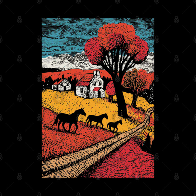 Vintage Woodcut Horse Farm Landscape by TuncGK