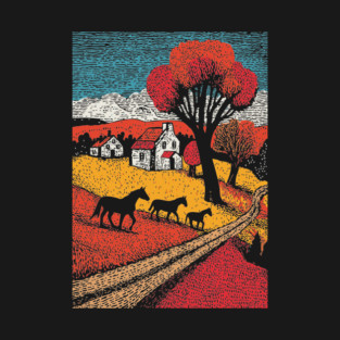 Vintage Woodcut Horse Farm Landscape T-Shirt