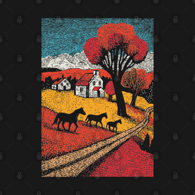 Vintage Woodcut Horse Farm Landscape by TuncGK