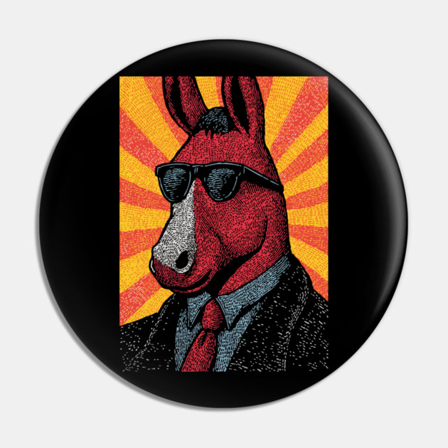Cool Donkey in Suit - Retro Sunburst Pin by TuncGK