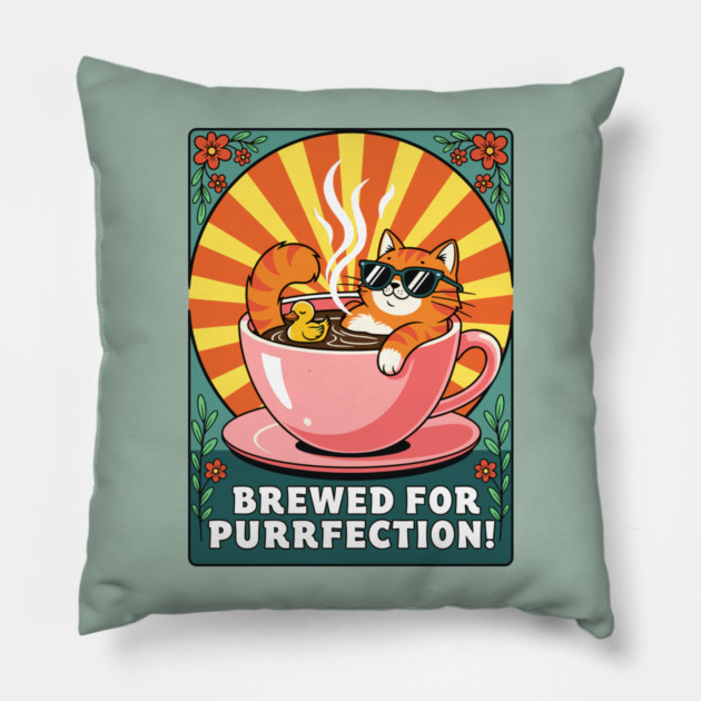 Brewed for Purrfection! Chill Coffee Cat Pun Pillow by enrynz