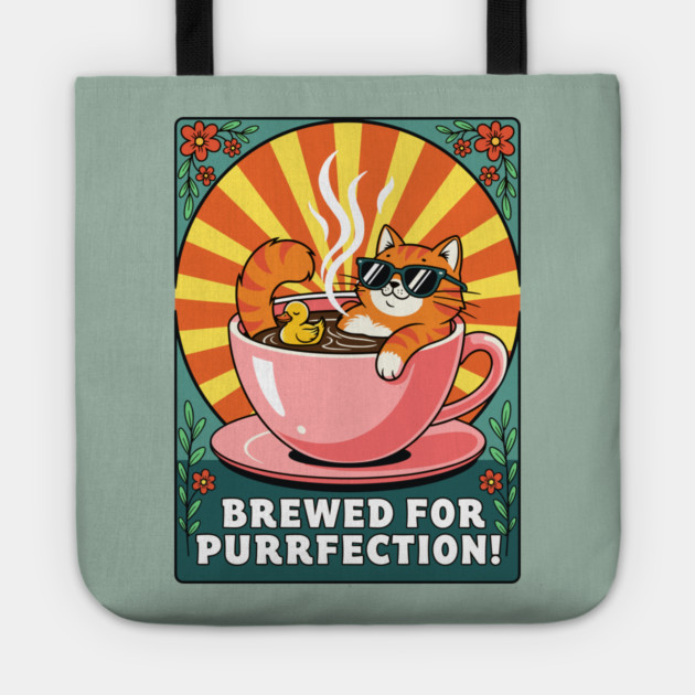 Brewed for Purrfection! Chill Coffee Cat Pun Tote by enrynz