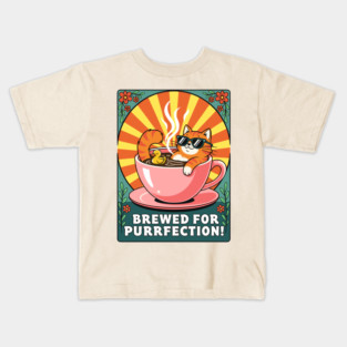 Brewed for Purrfection! Chill Coffee Cat Pun Kids T-Shirt