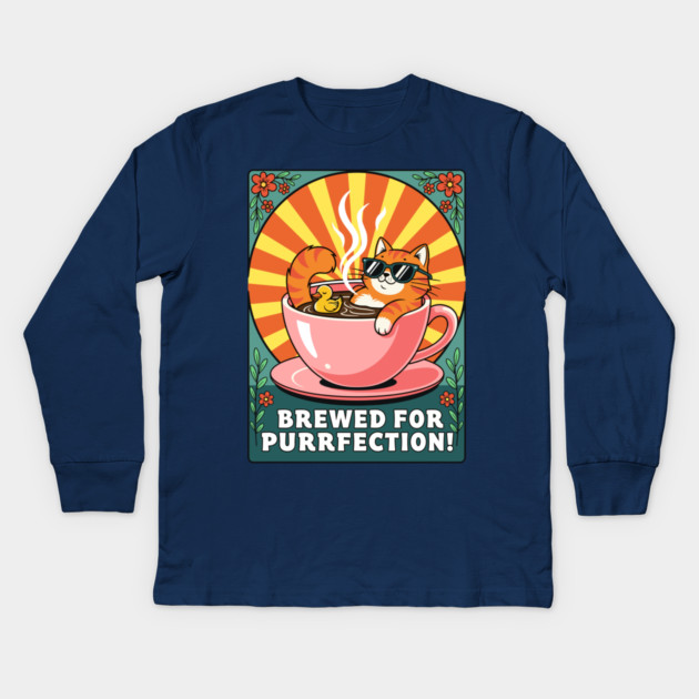 Brewed for Purrfection! Chill Coffee Cat Pun Kids Long Sleeve T-Shirt by enrynz