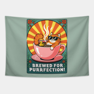 Brewed for Purrfection! Chill Coffee Cat Pun Tapestry