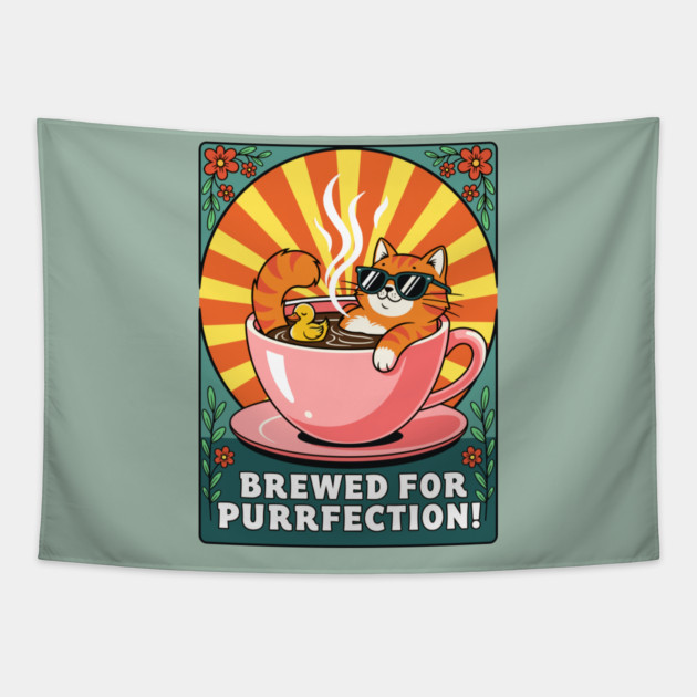 Brewed for Purrfection! Chill Coffee Cat Pun Tapestry by enrynz