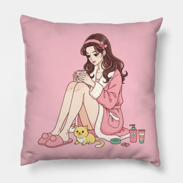 Cozy Kawaii Girl and Cute Dog Pillow by enrynz