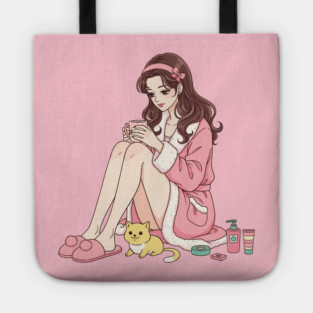 Cozy Kawaii Girl and Cute Dog Tote