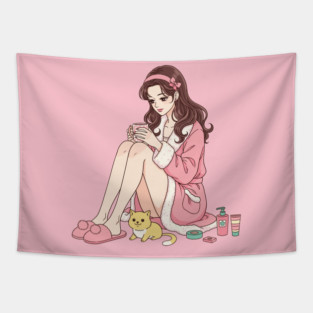Cozy Kawaii Girl and Cute Dog Tapestry