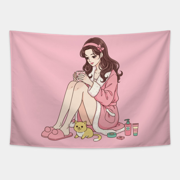 Cozy Kawaii Girl and Cute Dog Tapestry by enrynz