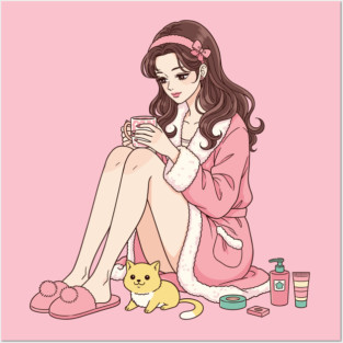 Cozy Kawaii Girl and Cute Dog Posters and Art