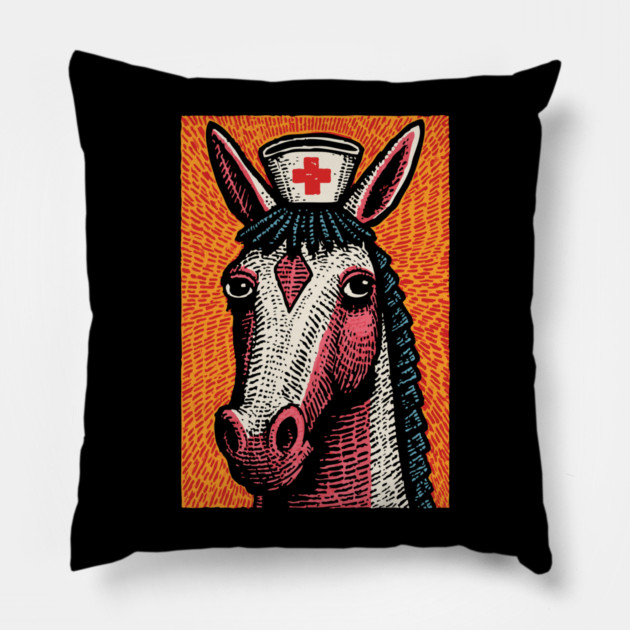 Vintage Style Horse Nurse - Pop Art Linocut Pillow by TuncGK