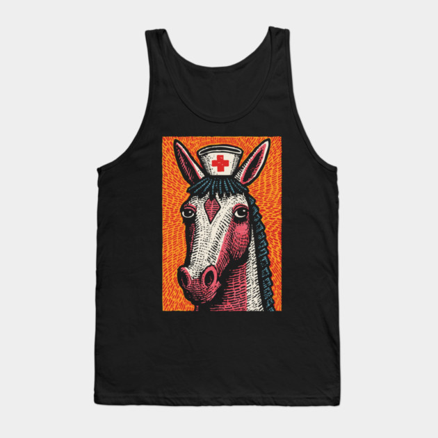 Vintage Style Horse Nurse - Pop Art Linocut Tank Top by TuncGK