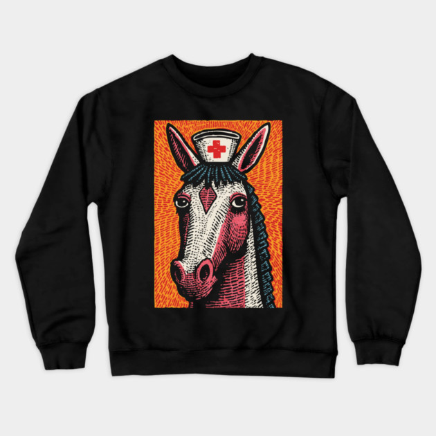 Vintage Style Horse Nurse - Pop Art Linocut Crewneck Sweatshirt by TuncGK