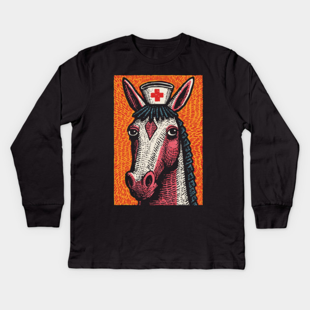 Vintage Style Horse Nurse - Pop Art Linocut Kids Long Sleeve T-Shirt by TuncGK