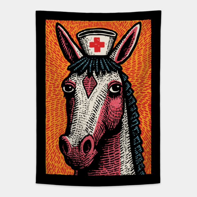 Vintage Style Horse Nurse - Pop Art Linocut Tapestry by TuncGK