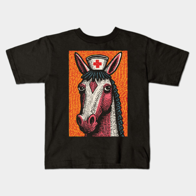 Vintage Style Horse Nurse - Pop Art Linocut Kids T-Shirt by TuncGK