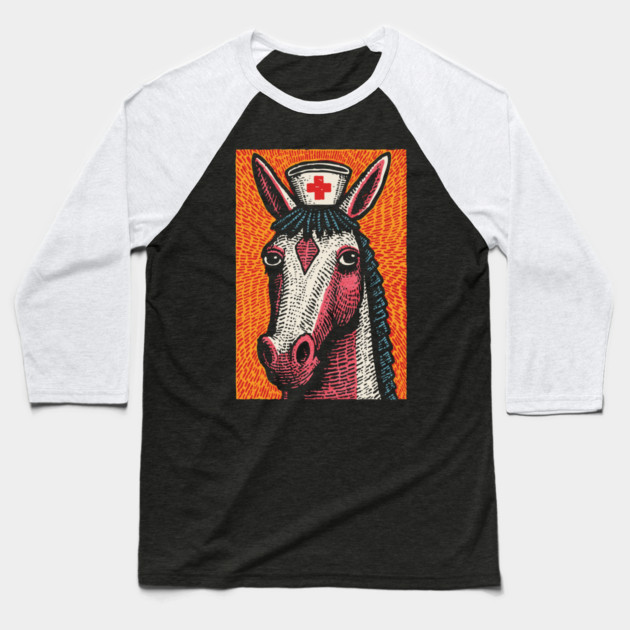 Vintage Style Horse Nurse - Pop Art Linocut Baseball T-Shirt by TuncGK