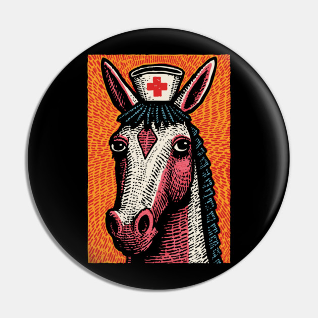 Vintage Style Horse Nurse - Pop Art Linocut Pin by TuncGK