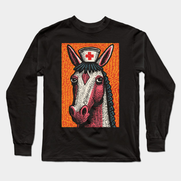 Vintage Style Horse Nurse - Pop Art Linocut Long Sleeve T-Shirt by TuncGK