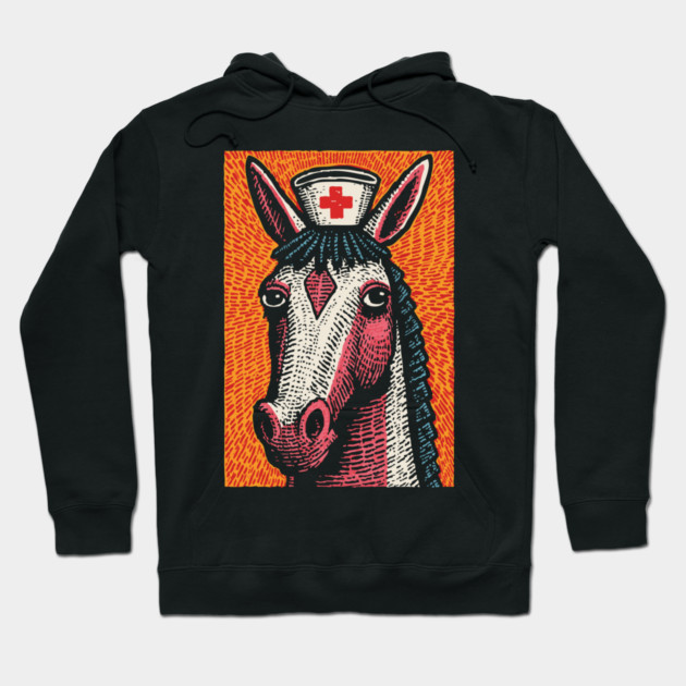 Vintage Style Horse Nurse - Pop Art Linocut Hoodie by TuncGK